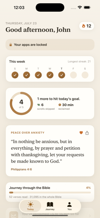 The OneVerse home screen: a daily verse, a reading streak, and time reclaimed from the feed.
